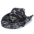 Sombrero vaquero de mezclilla vintage con flecos desgastados y emblema de cabeza de toro - Talla única / Negro