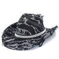 Distressed black denim western cowboy hat with frayed edges and elegant white faux pearl chains - One Size / Black