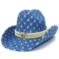Distressed blue denim cowboy hat with sequins, decorative bull skull and silver metal studs - Blue
