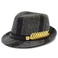 Classic grey plaid fedora hat with a decorative black band and golden feather pin - Black