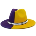 Detail of two-tone purple and yellow fedora hat with elegant double-row pearl band decoration - One Size / Purple-Yellow