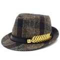 Classic wool blend checkered fedora hat with black leather band and gold feather pin - Coffee