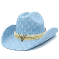 Distressed light blue denim western cowboy hat with silver sequins and bull skull ornament - Light Blue