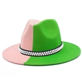 Two-tone pink and green wool fedora hat with black ribbon and faux pearl trim - One Size / Pink Green