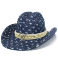 Distressed dark blue denim western cowboy hat with bull head pendant and sequins - Dark Blue
