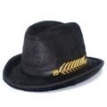 Thick warm winter fedora hat in black faux fur with elegant gold leaf metal buckle - One Size / Black
