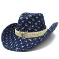 Vintage navy denim cowboy hat with bull skull metal accessory and sequin details - One Size / Dark Blue