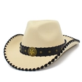 Off-white western cowboy fedora hat with black leather belt and gold star emblem - One Size / Beige