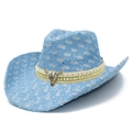 Light blue distressed western cowboy hat with sequins and retro bull head emblem decoration - One Size / Light Blue