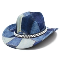 Sombrero vaquero de ala ancha con estampado de patchwork vaquero azul y banda de perlas doble - Copa Plana A