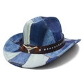 Western cowboy hat with blue white patchwork and silver bull head metal ornament - Straight Top-Style A