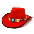 Dettaglio cappello cowboy in feltro rosso con fascia etnica di perline e turchese - Taglia unica / Rosso
