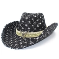 Vintage western cowboy hat with silver sequins, distressed denim, and bull head emblem - One Size / Black