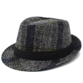 Klassischer Herren Fedora Hut aus Wolle mit Karomuster in Dunkelgrau und Marineblau - Dunkelblau