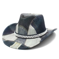 Sombrero fedora estilo denim patchwork de moda con elegante banda de perlas de doble fila - Copa de Corazón B