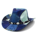 Klassischer blauer Denim-Cowboyhut mit Western-Lederband und silbernen Metallnieten - Herz-Pinch-Krone Stil C