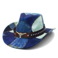 Distressed blue patchwork western cowboy hat featuring a silver bull head metal buckle - Heart Top-Style C