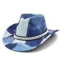 Sombrero de vaquero de mezclilla patchwork con estilo vintage y banda de perlas - Copa de Corazón A