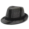 Klassischer Herren-Fedora aus grauem Karo-Wollstoff mit schwarzem Zierband im Brit-Stil - Schwarz