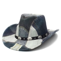 Klassischer Western Cowboyhut mit blauem Patchwork Denim Muster und silbernem Zierband - Herz-Pinch-Krone Stil B