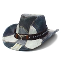 Western patchwork denim cowboy hat with leather rivet band and silver bull emblem - Heart Top-Style B
