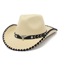 Detail of beige suede cowboy hat with black stitched brim and metal bull head charm - Beige