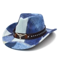 Detail of blue denim western cowboy hat featuring leather band and silver bull head emblem - Heart Top-Style A