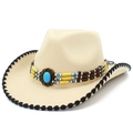 Cappello da cowboy in feltro beige etnico con fascia di perline e turchese blu - Taglia unica / Beige