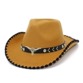 Classic western cattle head felt fedora hat with contrast edging and leather band - Khaki