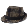 Klassischer Herren-Fedora-Hut aus Wollmischung mit Karomuster und schwarzem Zierband - Kaffeebraun