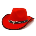 Red western cowboy hat with bull head metal buckle and black stitched edge details - Red