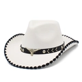 White western cowboy hat with silver bull head accessory and black whipstitch brim - White