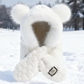 White teddy bear ears hooded scarf with fluffy faux fur and textured pompom design - White