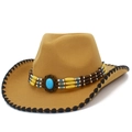 Cappello da cowboy vintage in feltro color cammello con perline e pietra turchese - Taglia unica / Cachi