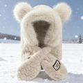Winter plush bear ear hood scarf combination in cream white with quilted texture details - Khaki