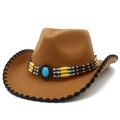Classic western brown felt cowboy hat with turquoise bead band and stitched brim edge - One Size / Coffee