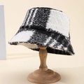 Black and white plaid sherpa bucket hat with warm wool texture for women winter - Black