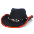 Classic black felt western cowboy hat with red stitched edge and silver bull head accessory - Black