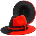 Classic two-tone red and black fedora hat with a flat brim and striped ribbon band - Left-Right Red Black Vertical Split (Style 2)