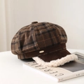 Vintage brown plaid newsboy cap with warm white faux shearling trim and metal accent - Dark Brown Plaid