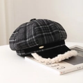 Vintage plaid newsboy hat with plush trim and metallic detail on a white background - Black Gray Plaid
