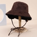 Brown faux suede winter bucket hat with warm shearling lining and adjustable ties - One Size / Coffee