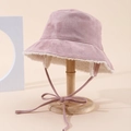 Pink suede fisherman hat with plush lining and ear protection ties for winter warmth - One Size / Pink