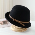 Elegant black pure wool felt cloche hat with a brown leather strap and gold buckle detail - One Size / Black