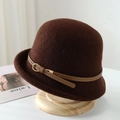 Elegant dark brown wool cloche hat with a slim leather band and golden metal D-buckle - One Size / Coffee