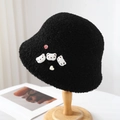 Cozy black fleece bucket hat featuring cute teddy bear patches and decorative buttons - One Size / Black
