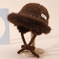 Brown plush winter bucket hat with faux fur trim and lace-up ear protection - One Size / Coffee