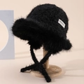 Plush black faux fur bucket hat with long chin straps and ear protection for winter - One Size / Black