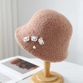Plush lamb wool bucket hat with cute bear ornaments for autumn and winter warmth - One Size / Khaki