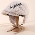 Plush beige newsboy cap with earflaps and elegant embroidery for autumn and winter - Beige